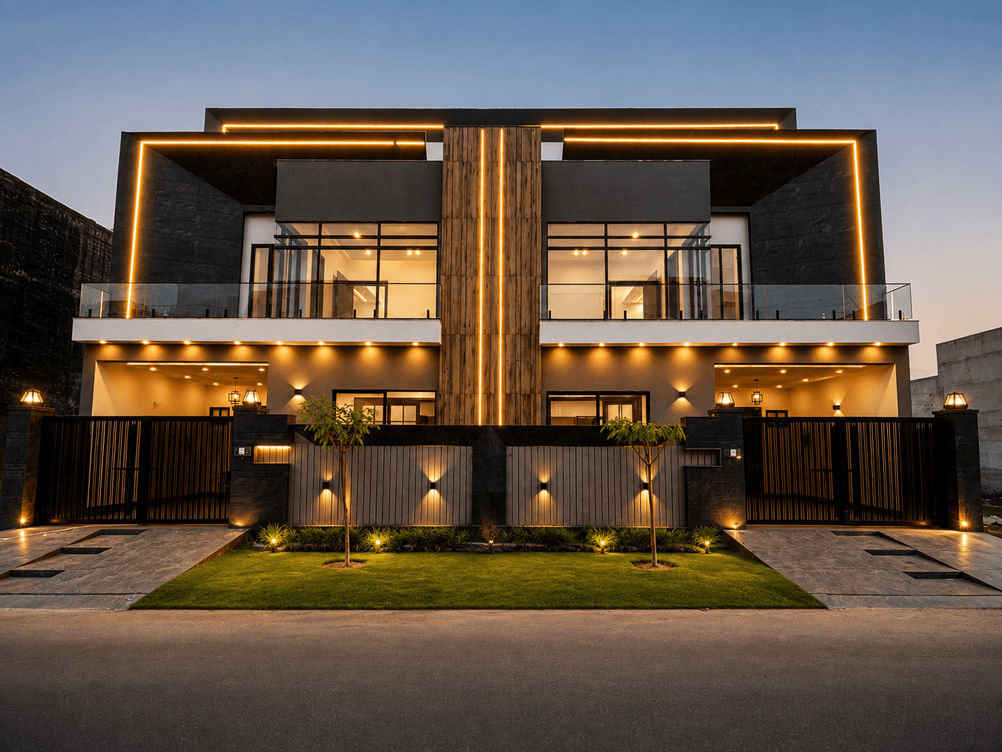 A composed modern residence at dusk